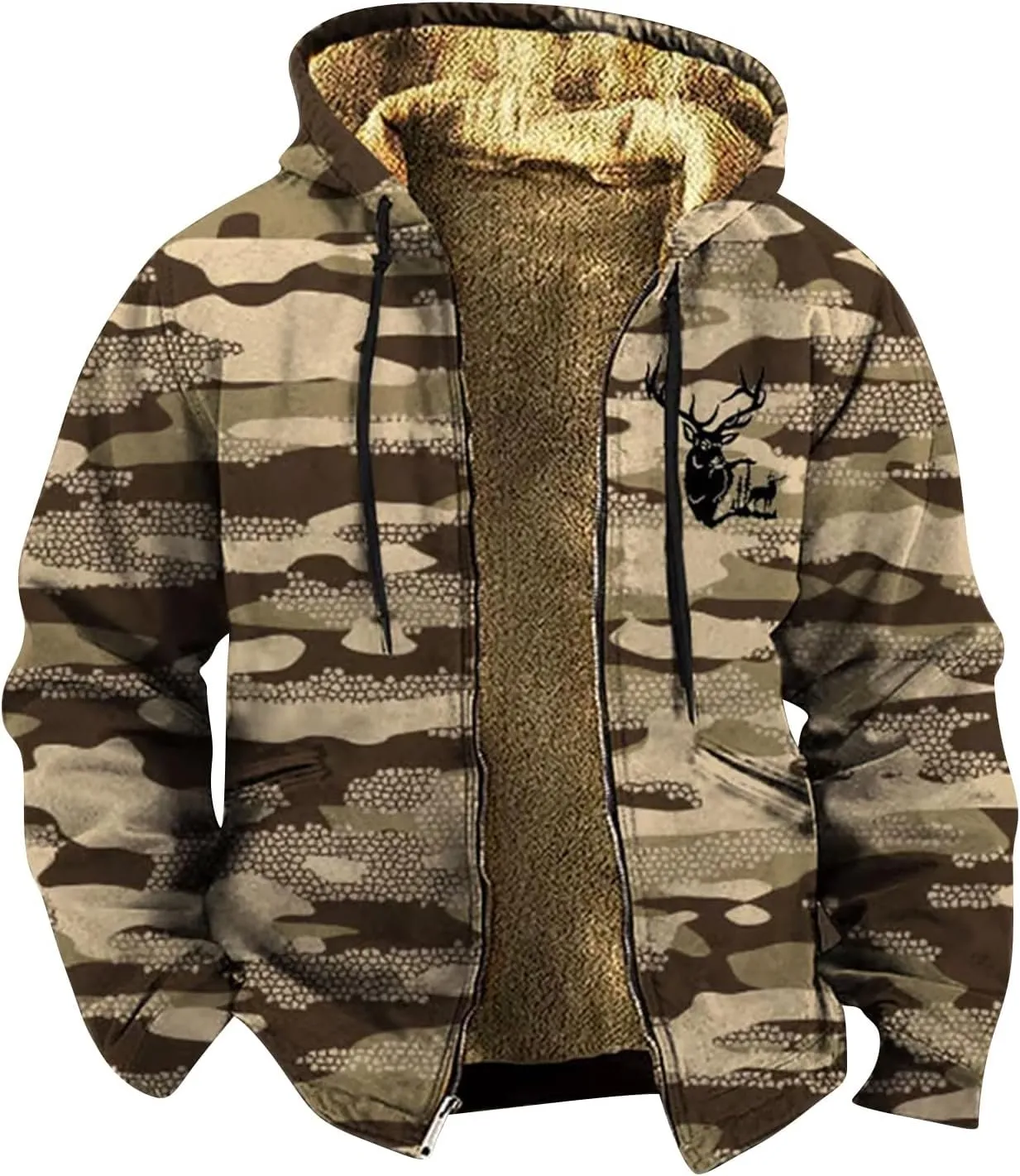 Hoodies for Men Oversized Full Zip Fleece Sherpa Lined Jackets Coat Camo Print Winter Thermal Outerwear Big and Tall