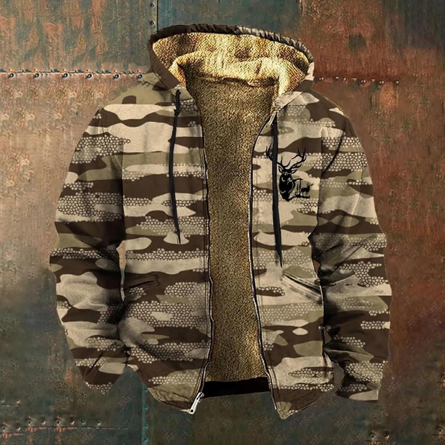 Hoodies for Men Oversized Full Zip Fleece Sherpa Lined Jackets Coat Camo Print Winter Thermal Outerwear Big and Tall