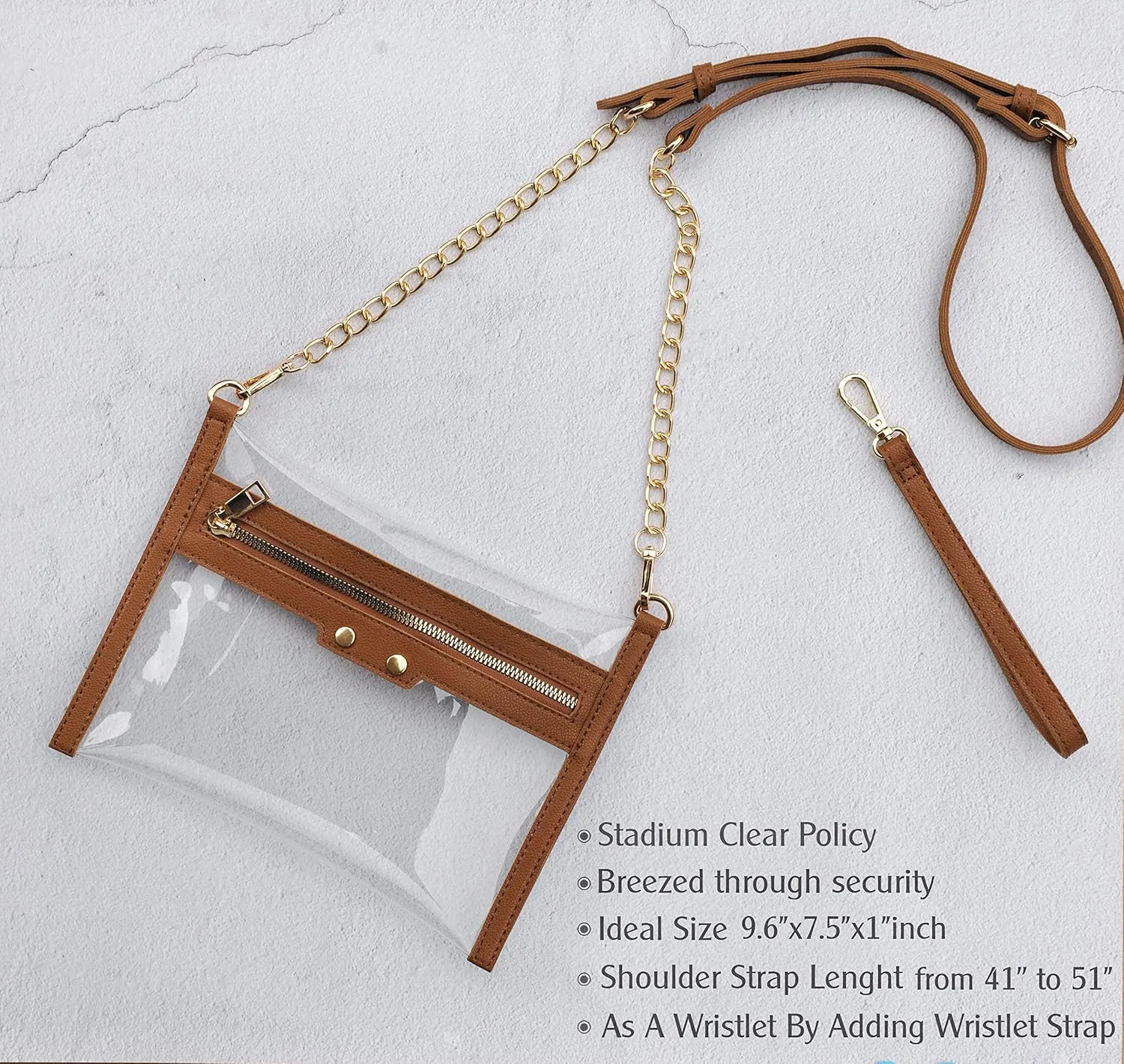 HOXIS Clear Zipper Purse Stadium Approved Women Chain Crossbody Bag Convertible Wristlet Clutch