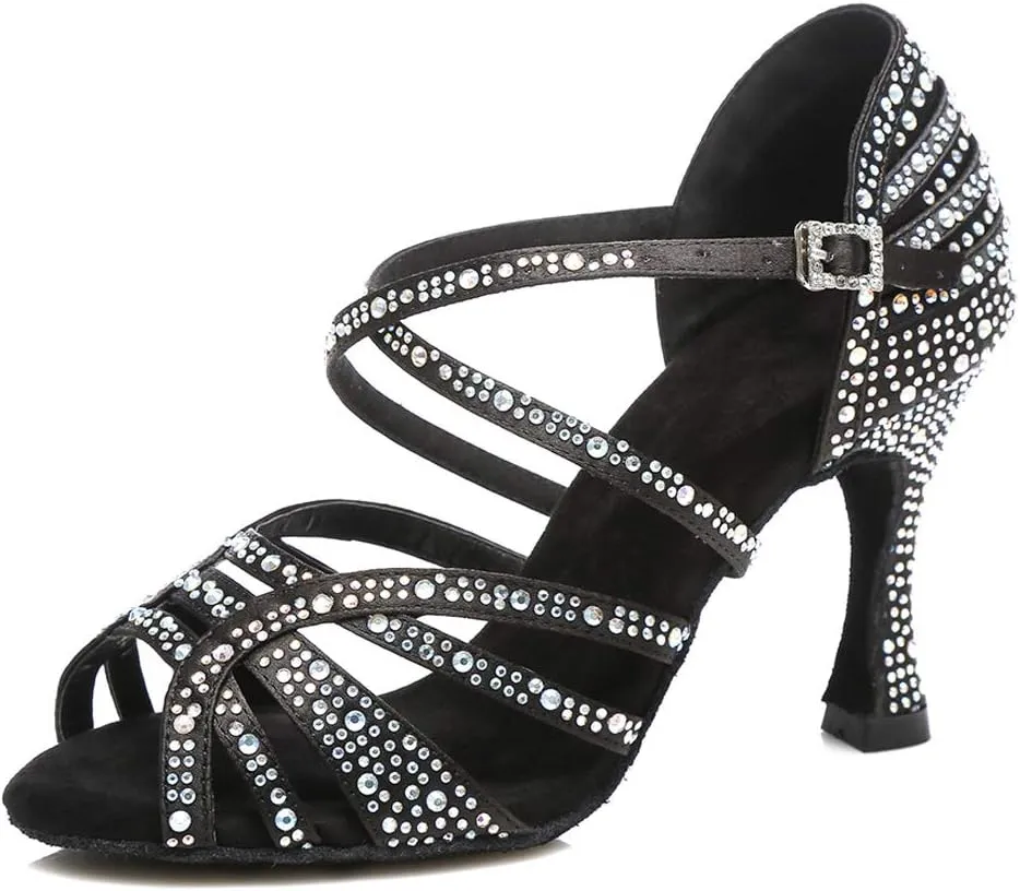 HROYL Women Rhinestone Ballroom Dance Shoes Latin Salsa Performance Dance Shoes YCL356