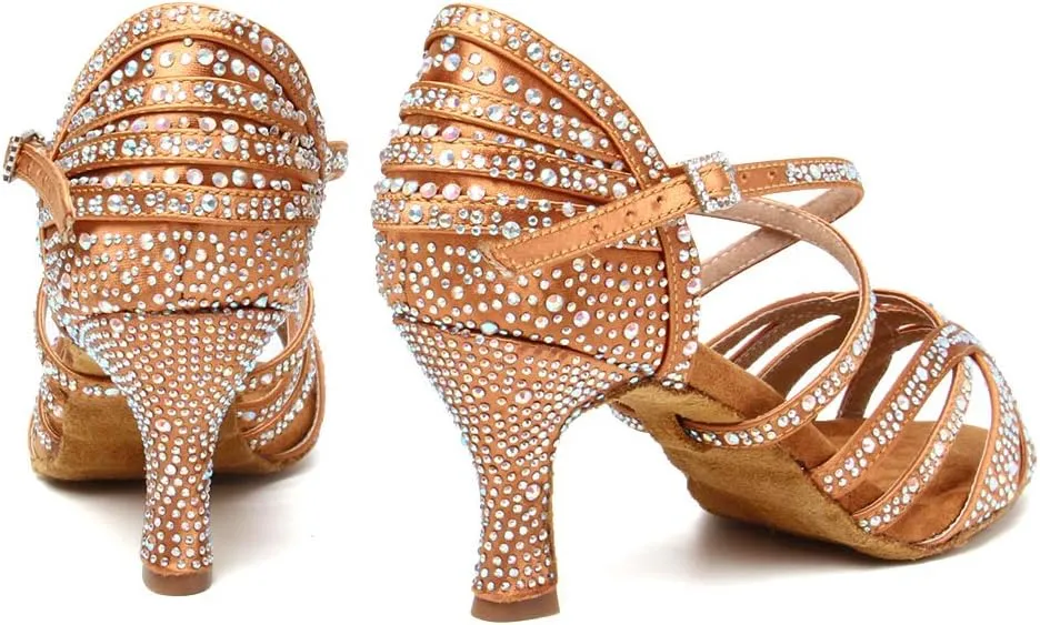 HROYL Women Rhinestone Ballroom Dance Shoes Latin Salsa Performance Dance Shoes YCL356