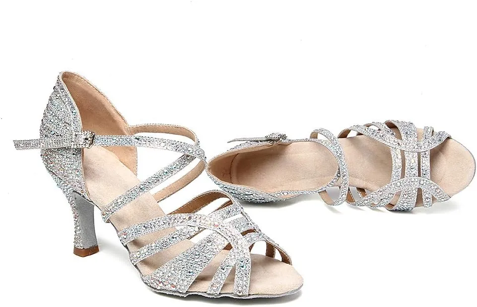 HROYL Women Rhinestone Ballroom Dance Shoes Latin Salsa Performance Dance Shoes YCL356