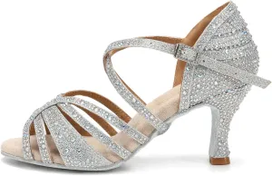 HROYL Women Rhinestone Ballroom Dance Shoes Latin Salsa Performance Dance Shoes YCL356