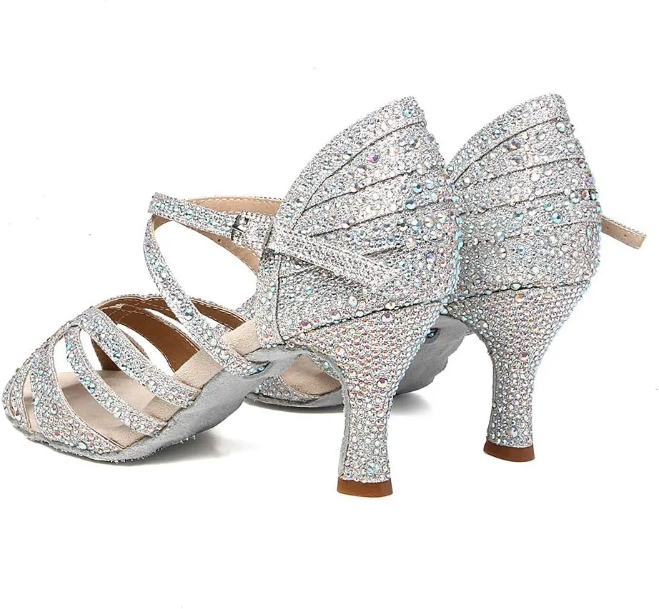 HROYL Women Rhinestone Ballroom Dance Shoes Latin Salsa Performance Dance Shoes YCL356