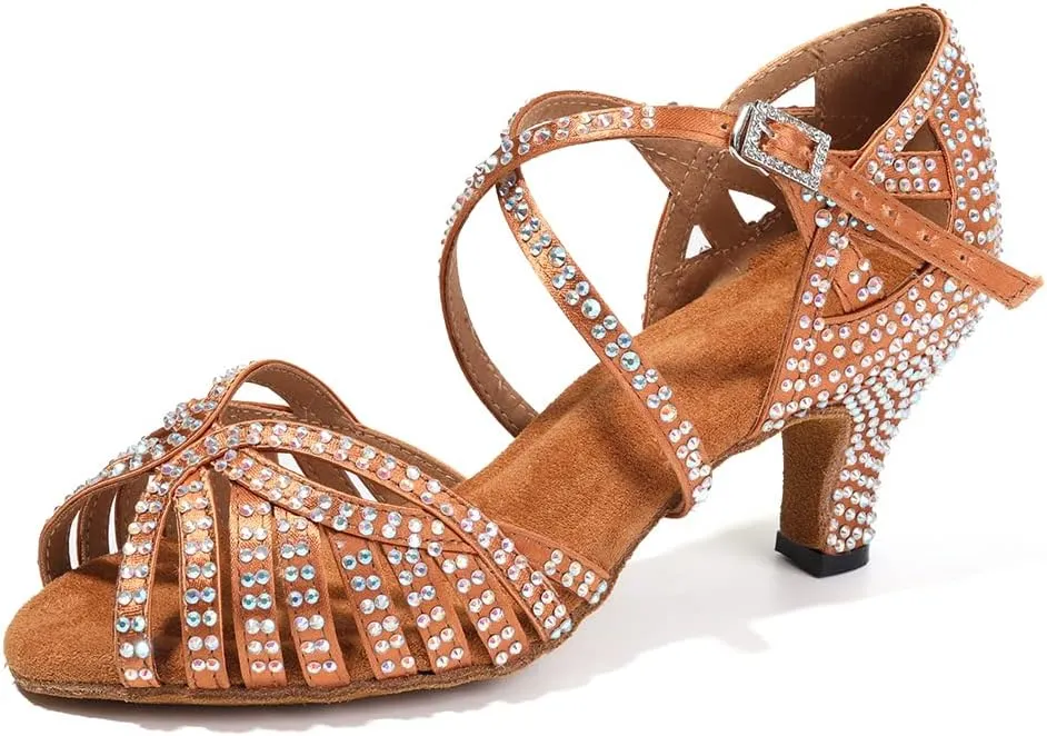 HROYL Women Rhinestone Ballroom Dance Shoes Latin Salsa Practice Performance Dance Shoes YCL380