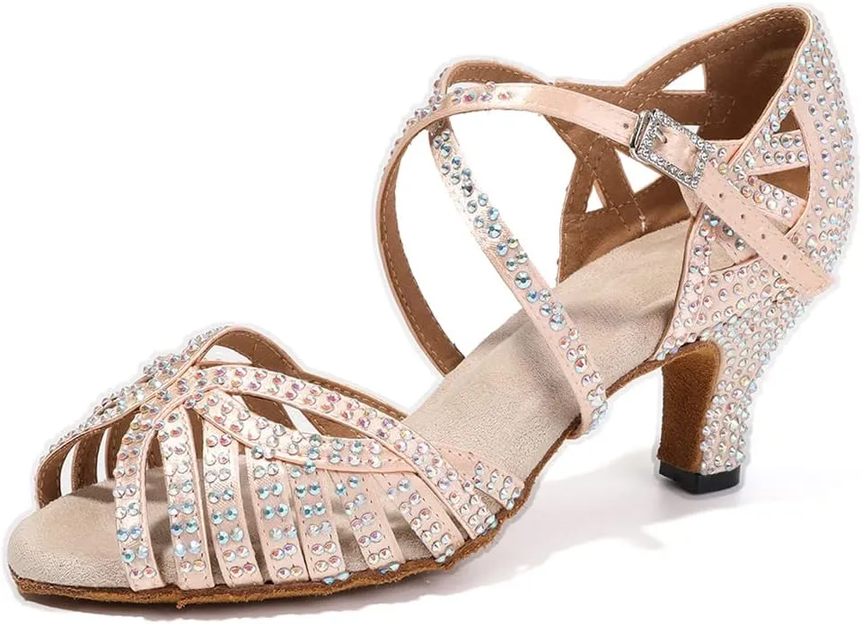 HROYL Women Rhinestone Ballroom Dance Shoes Latin Salsa Practice Performance Dance Shoes YCL380