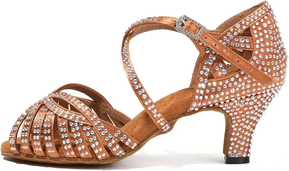 HROYL Women Rhinestone Ballroom Dance Shoes Latin Salsa Practice Performance Dance Shoes YCL380