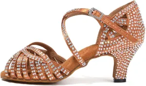HROYL Women Rhinestone Ballroom Dance Shoes Latin Salsa Practice Performance Dance Shoes YCL380