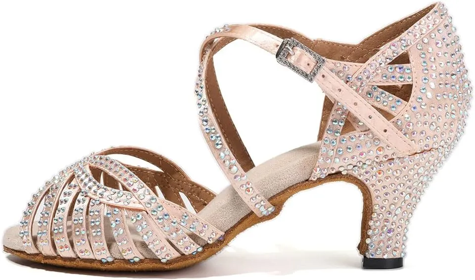 HROYL Women Rhinestone Ballroom Dance Shoes Latin Salsa Practice Performance Dance Shoes YCL380