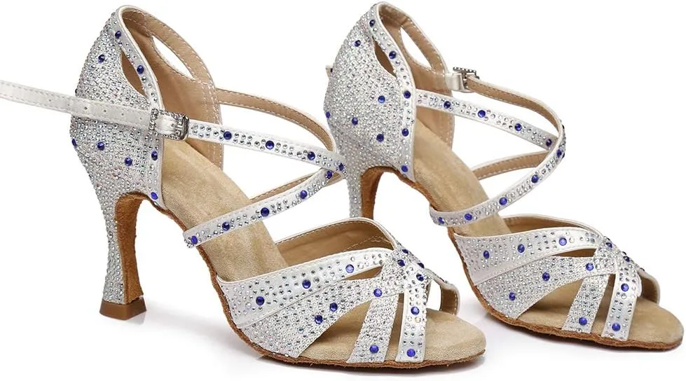HROYL Women Rhinestone Ballroom Dance Shoes Latin Salsa Practice Performance Dance Shoes YCL388