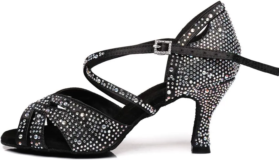 HROYL Women Rhinestone Ballroom Dance Shoes Latin Salsa Practice Performance Dance Shoes YCL388