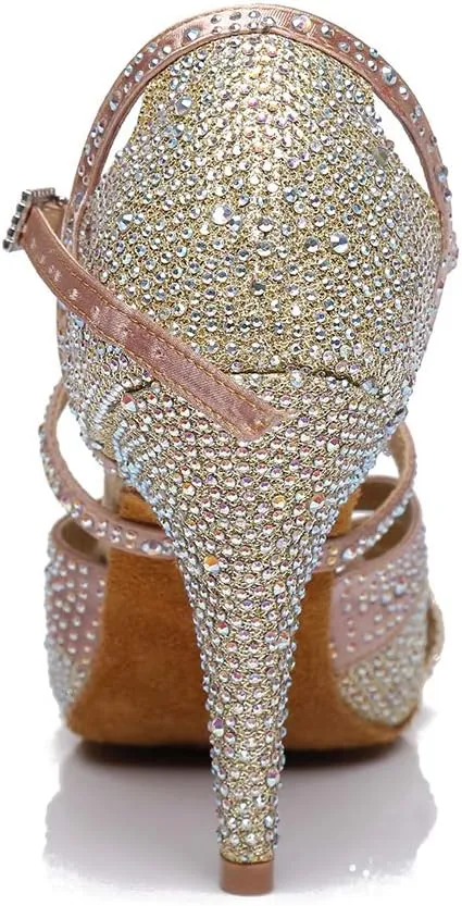 HROYL Women Rhinestone Ballroom Dance Shoes Latin Salsa Practice Performance Dance Shoes YCL388