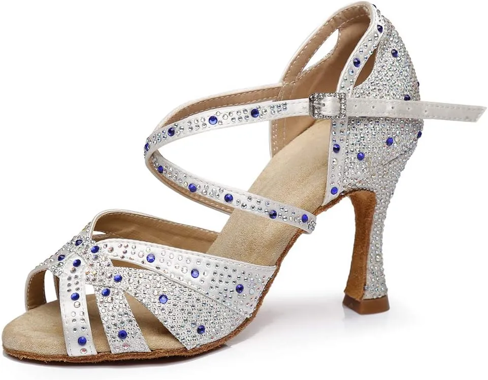 HROYL Women Rhinestone Ballroom Dance Shoes Latin Salsa Practice Performance Dance Shoes YCL388