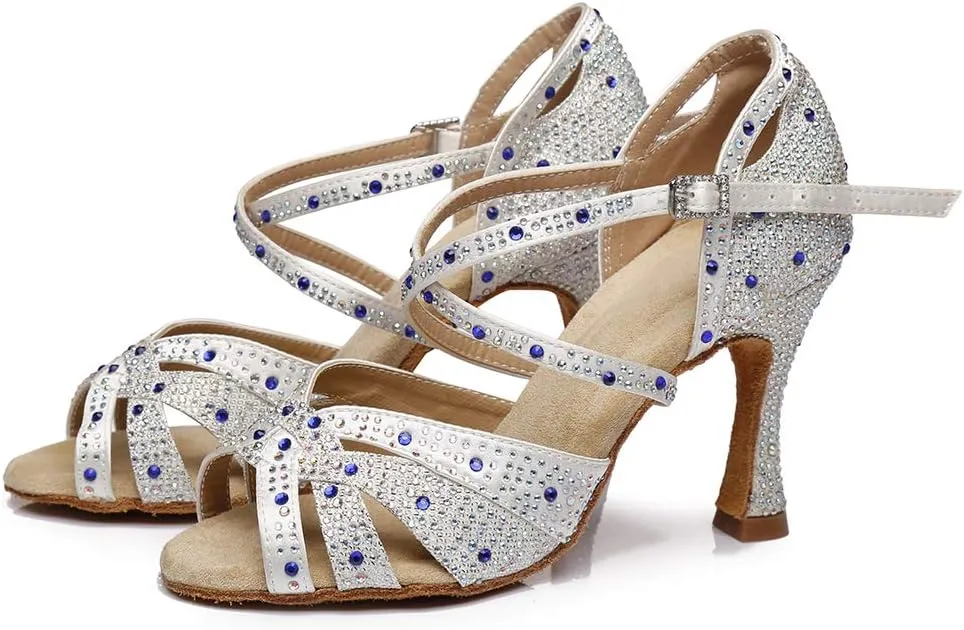 HROYL Women Rhinestone Ballroom Dance Shoes Latin Salsa Practice Performance Dance Shoes YCL388