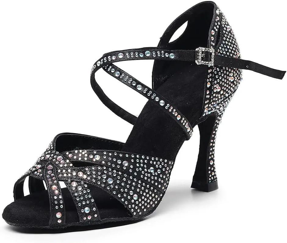 HROYL Women Rhinestone Ballroom Dance Shoes Latin Salsa Practice Performance Dance Shoes YCL388