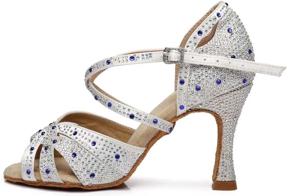 HROYL Women Rhinestone Ballroom Dance Shoes Latin Salsa Practice Performance Dance Shoes YCL388