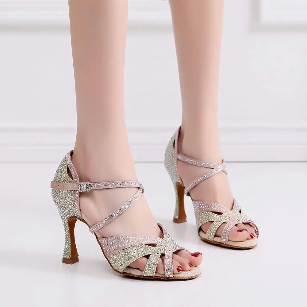 HROYL Women Rhinestone Ballroom Dance Shoes Latin Salsa Practice Performance Dance Shoes YCL388