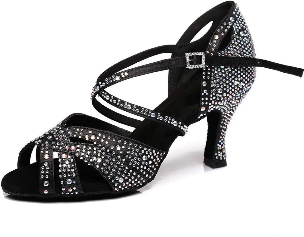 HROYL Women Rhinestone Ballroom Dance Shoes Latin Salsa Practice Performance Dance Shoes YCL388