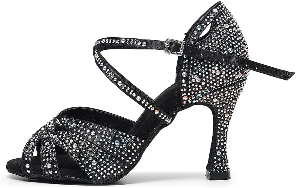 HROYL Women Rhinestone Ballroom Dance Shoes Latin Salsa Practice Performance Dance Shoes YCL388