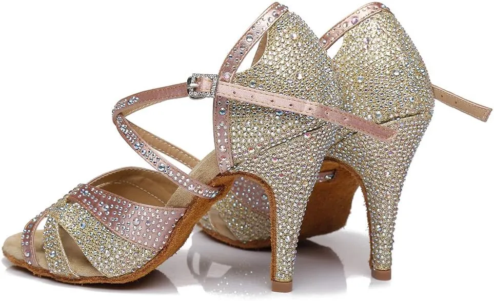 HROYL Women Rhinestone Ballroom Dance Shoes Latin Salsa Practice Performance Dance Shoes YCL388