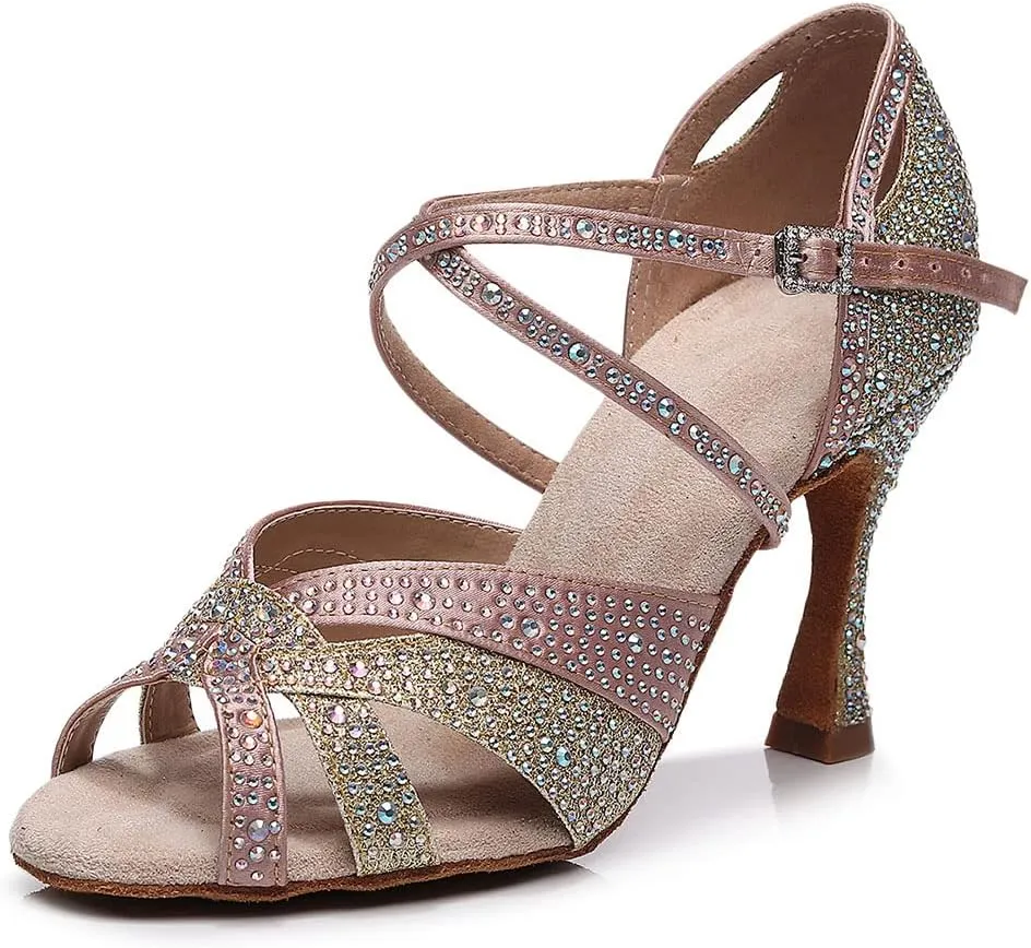 HROYL Women Rhinestone Ballroom Dance Shoes Latin Salsa Practice Performance Dance Shoes YCL388