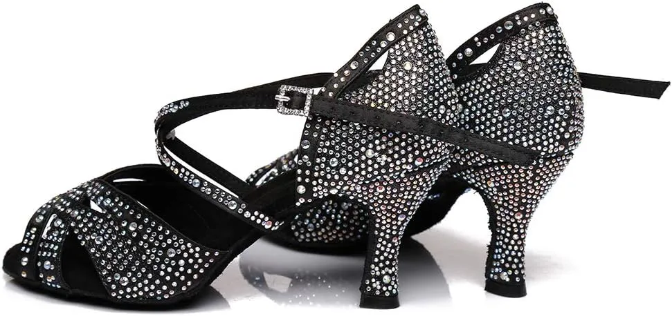 HROYL Women Rhinestone Ballroom Dance Shoes Latin Salsa Practice Performance Dance Shoes YCL388
