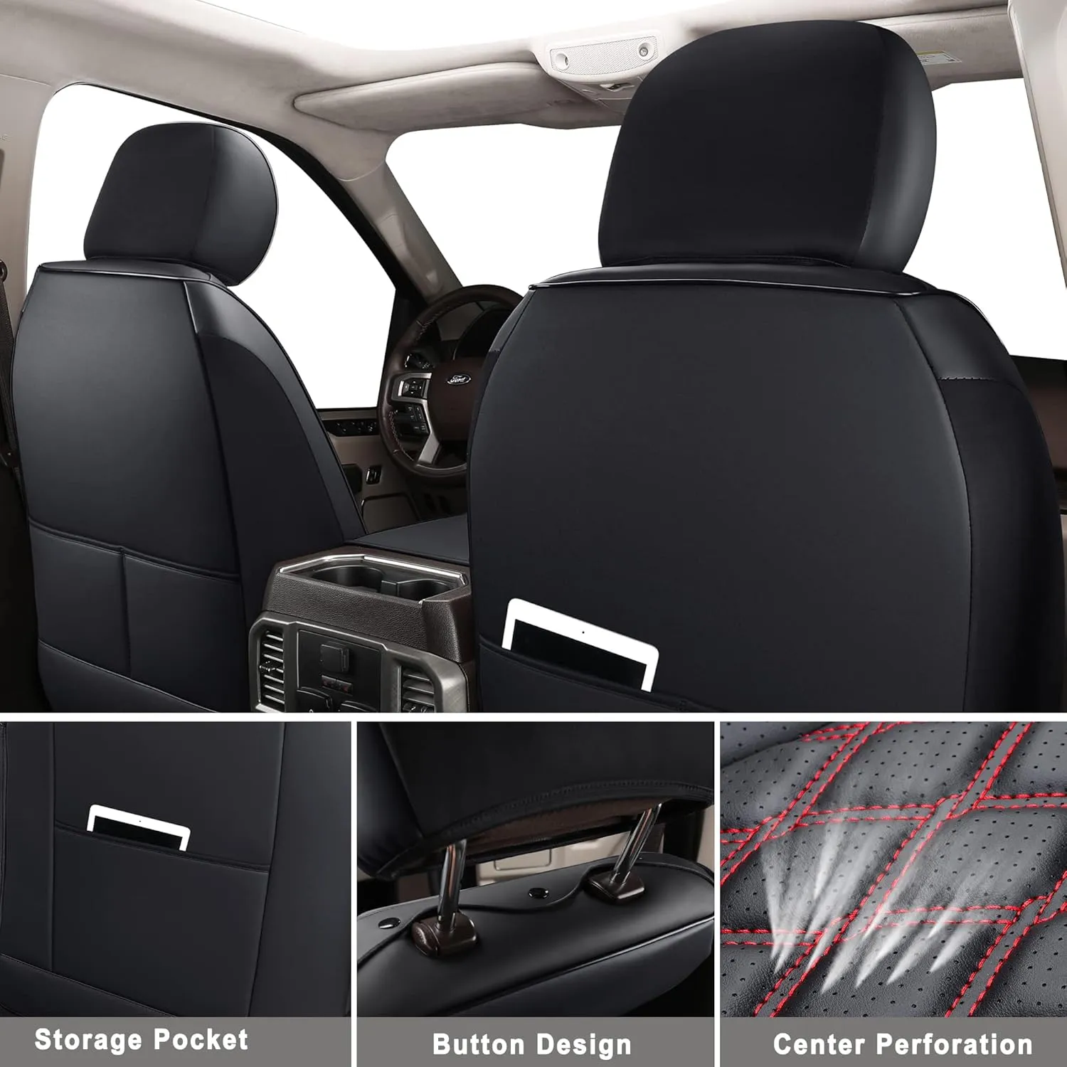 Huidasource Tacoma Seat Cover Front & Rear, Full Coverage Waterproof Leather Custom Cover Fit for 2016-2023 Double & Crew Cab Toyota Tacoma SR SR5 Limited TRD Sport/Pro/Off Road (Full Set/Black&Red)