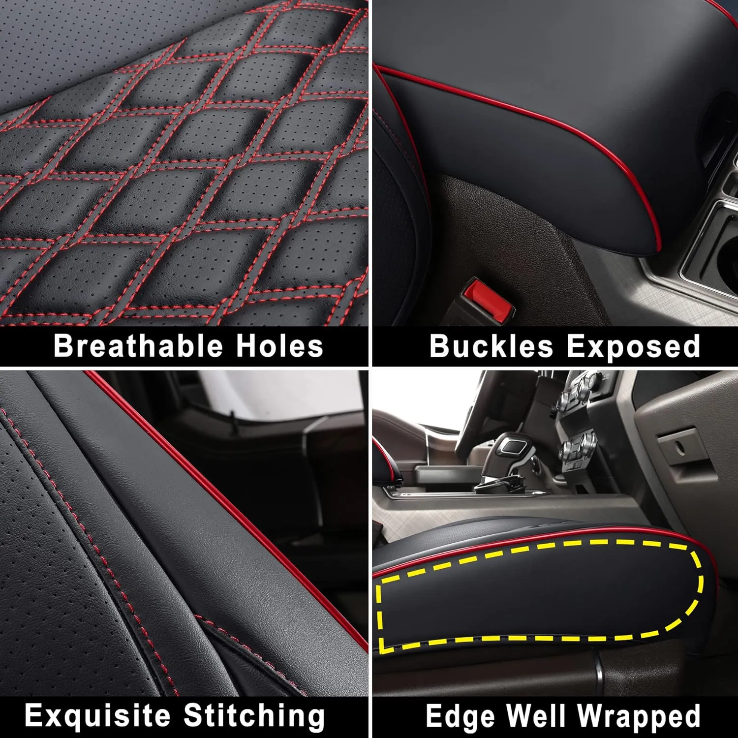 Huidasource Tacoma Seat Cover Front & Rear, Full Coverage Waterproof Leather Custom Cover Fit for 2016-2023 Double & Crew Cab Toyota Tacoma SR SR5 Limited TRD Sport/Pro/Off Road (Full Set/Black&Red)