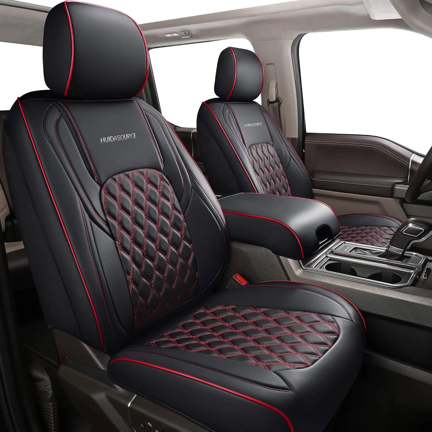 Huidasource Tacoma Seat Cover Front & Rear, Full Coverage Waterproof Leather Custom Cover Fit for 2016-2023 Double & Crew Cab Toyota Tacoma SR SR5 Limited TRD Sport/Pro/Off Road (Full Set/Black&Red)
