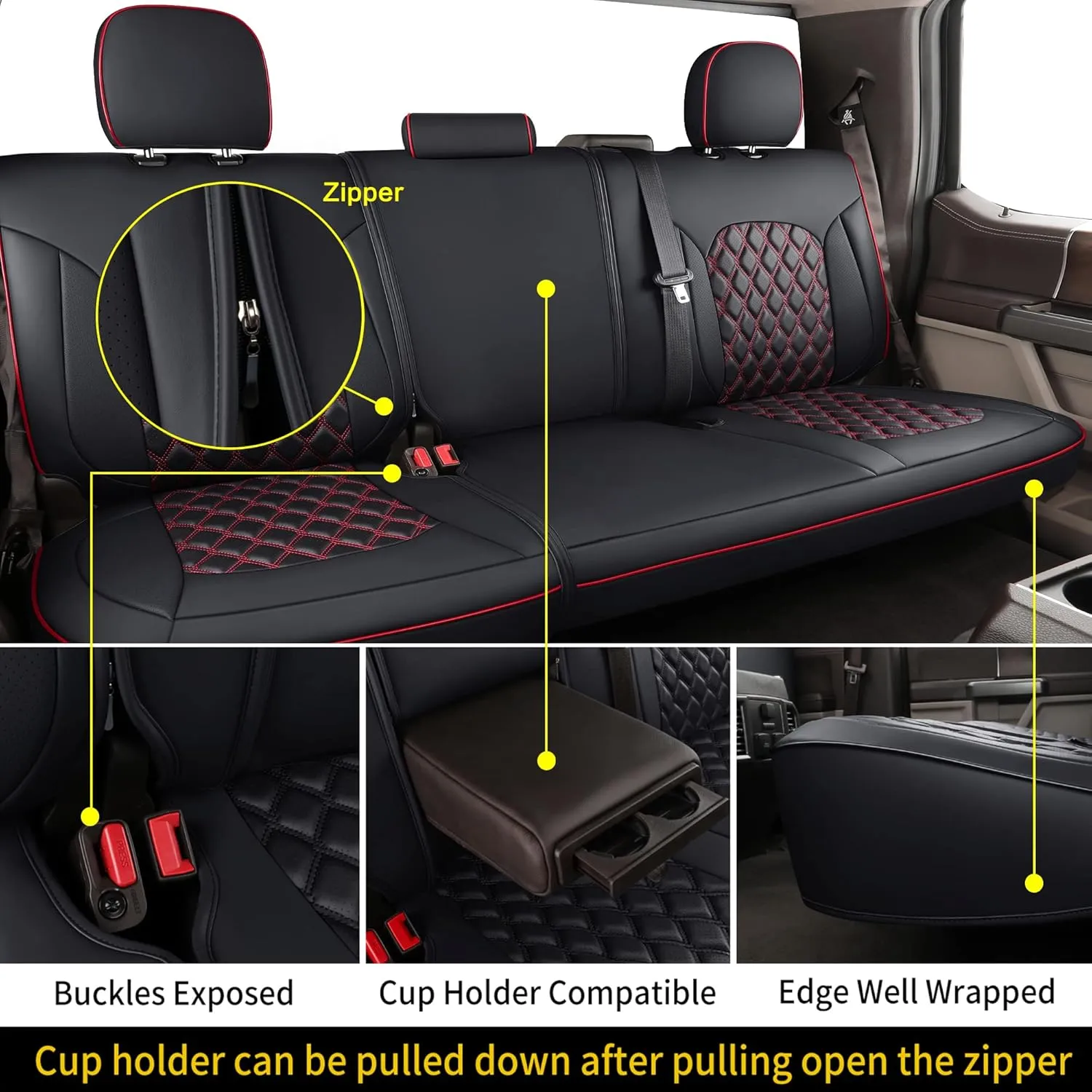 Huidasource Tacoma Seat Cover Front & Rear, Full Coverage Waterproof Leather Custom Cover Fit for 2016-2023 Double & Crew Cab Toyota Tacoma SR SR5 Limited TRD Sport/Pro/Off Road (Full Set/Black&Red)