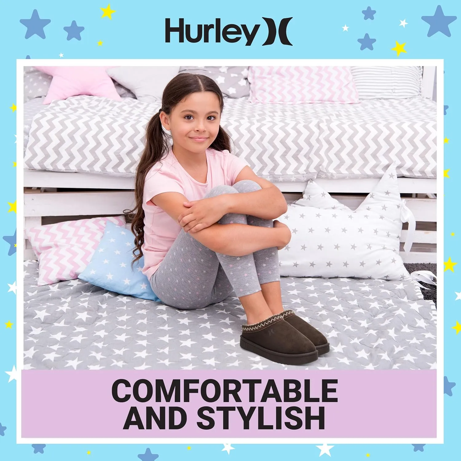 Hurley Kids Modi Slippers - Indoor and Outdoor Slip-On Shoes for Boys and Girls, Durable Clogs With Faux Fur Fleece Lining - Warm Winter House Slippers