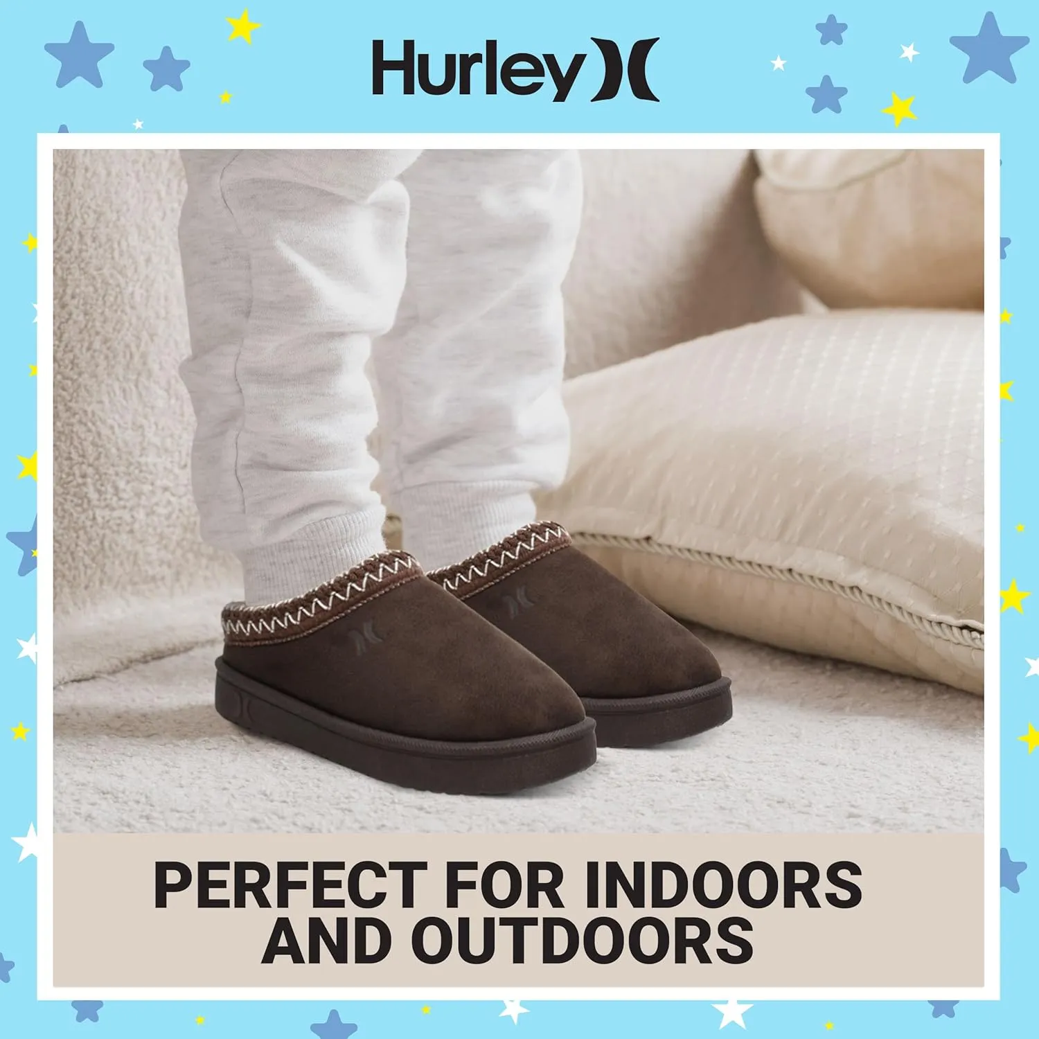 Hurley Kids Modi Slippers - Indoor and Outdoor Slip-On Shoes for Boys and Girls, Durable Clogs With Faux Fur Fleece Lining - Warm Winter House Slippers