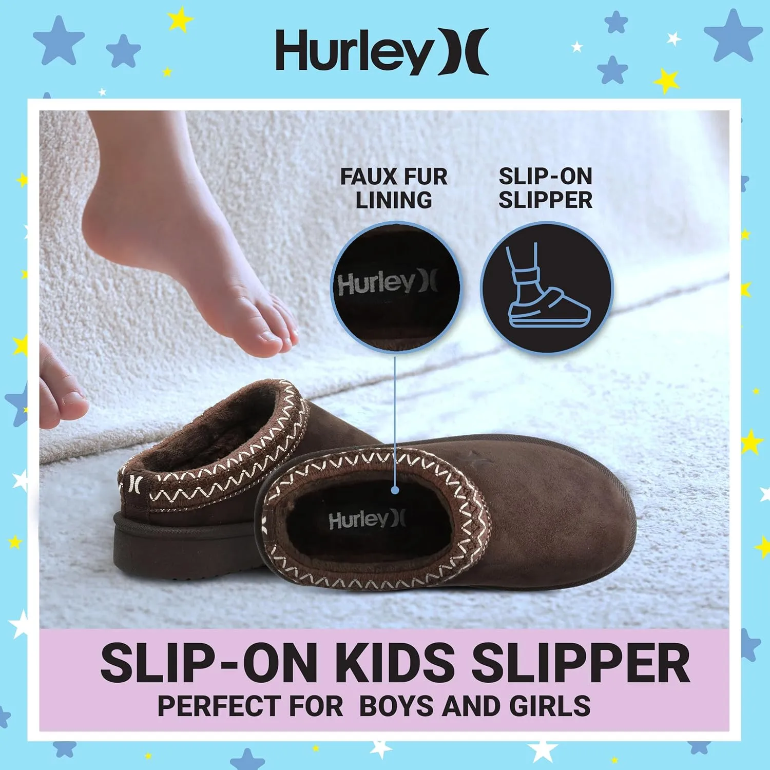 Hurley Kids Modi Slippers - Indoor and Outdoor Slip-On Shoes for Boys and Girls, Durable Clogs With Faux Fur Fleece Lining - Warm Winter House Slippers