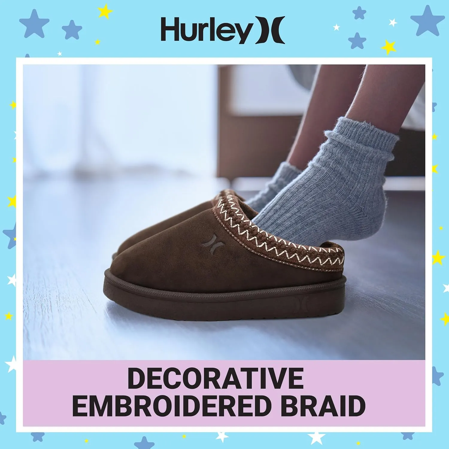 Hurley Kids Modi Slippers - Indoor and Outdoor Slip-On Shoes for Boys and Girls, Durable Clogs With Faux Fur Fleece Lining - Warm Winter House Slippers