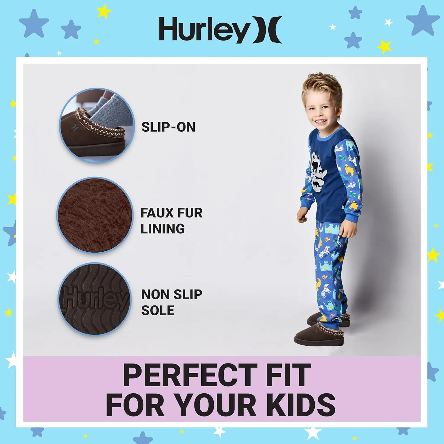 Hurley Kids Modi Slippers - Indoor and Outdoor Slip-On Shoes for Boys and Girls, Durable Clogs With Faux Fur Fleece Lining - Warm Winter House Slippers