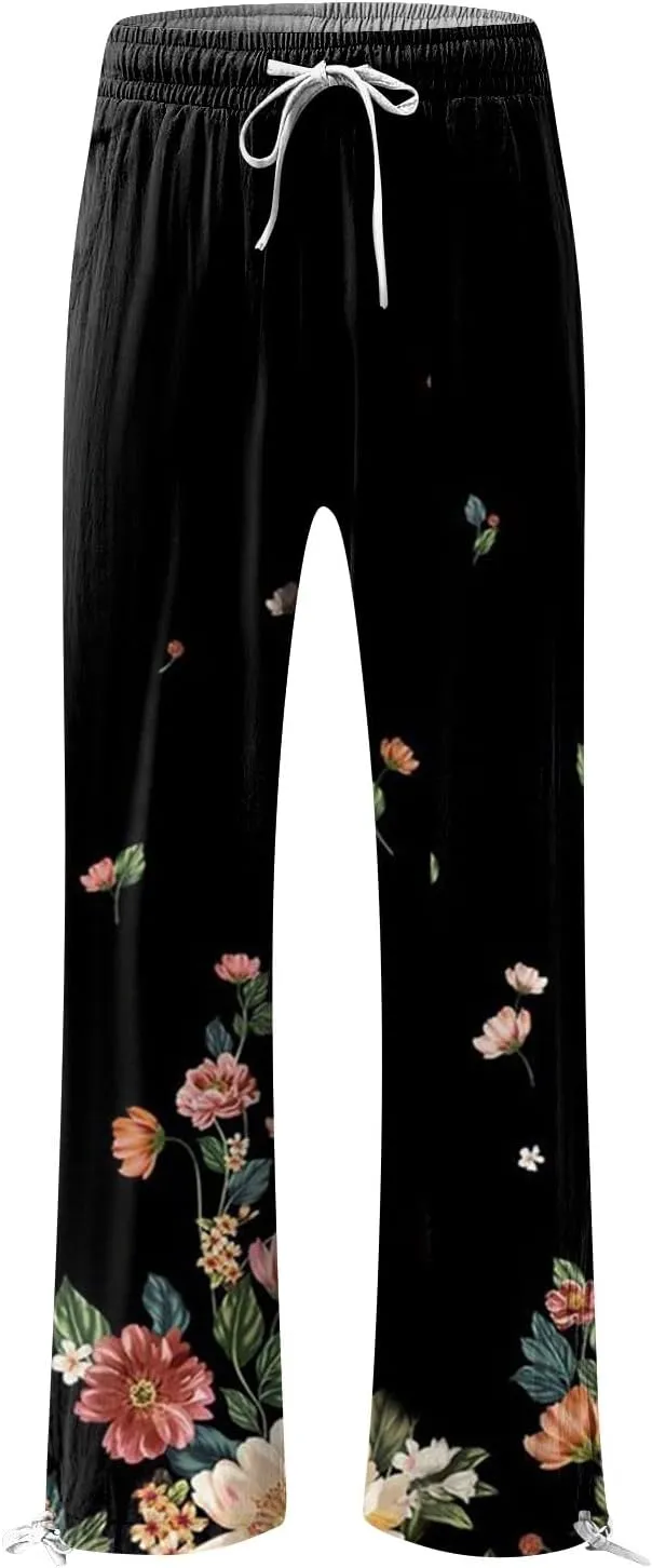 HXHYQKP Women Cotton Linen Palazzo Pants Summer Wide Leg High Waist Lounge Flowy Adjustable Pant Trousers with Pockets 2024