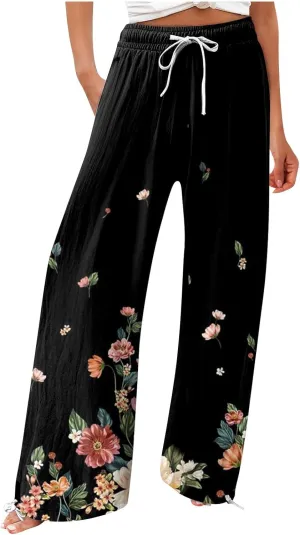 HXHYQKP Women Cotton Linen Palazzo Pants Summer Wide Leg High Waist Lounge Flowy Adjustable Pant Trousers with Pockets 2024