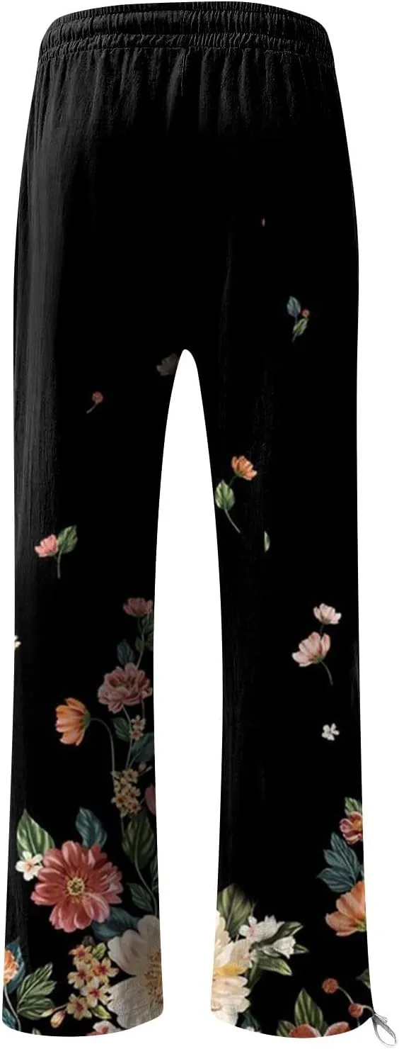 HXHYQKP Women Cotton Linen Palazzo Pants Summer Wide Leg High Waist Lounge Flowy Adjustable Pant Trousers with Pockets 2024