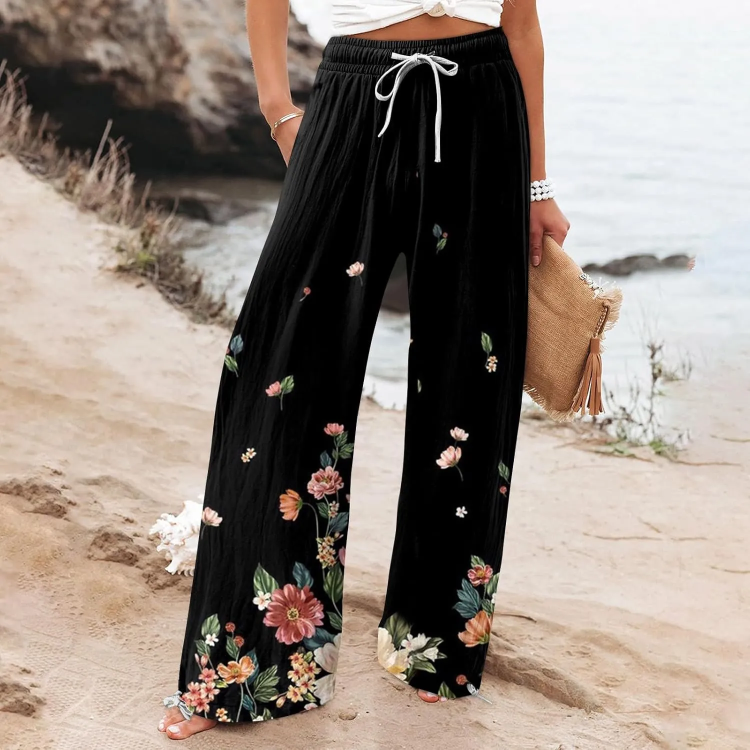 HXHYQKP Women Cotton Linen Palazzo Pants Summer Wide Leg High Waist Lounge Flowy Adjustable Pant Trousers with Pockets 2024