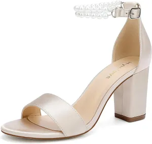 Hyinlays Pearl Wedding Shoes for Bride Satin Block Heels Open Toe Chunky Bridal Shoes Sandals