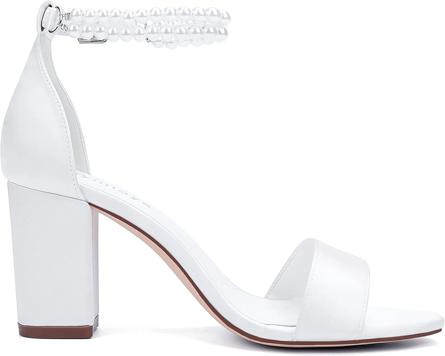 Hyinlays Pearl Wedding Shoes for Bride Satin Block Heels Open Toe Chunky Bridal Shoes Sandals