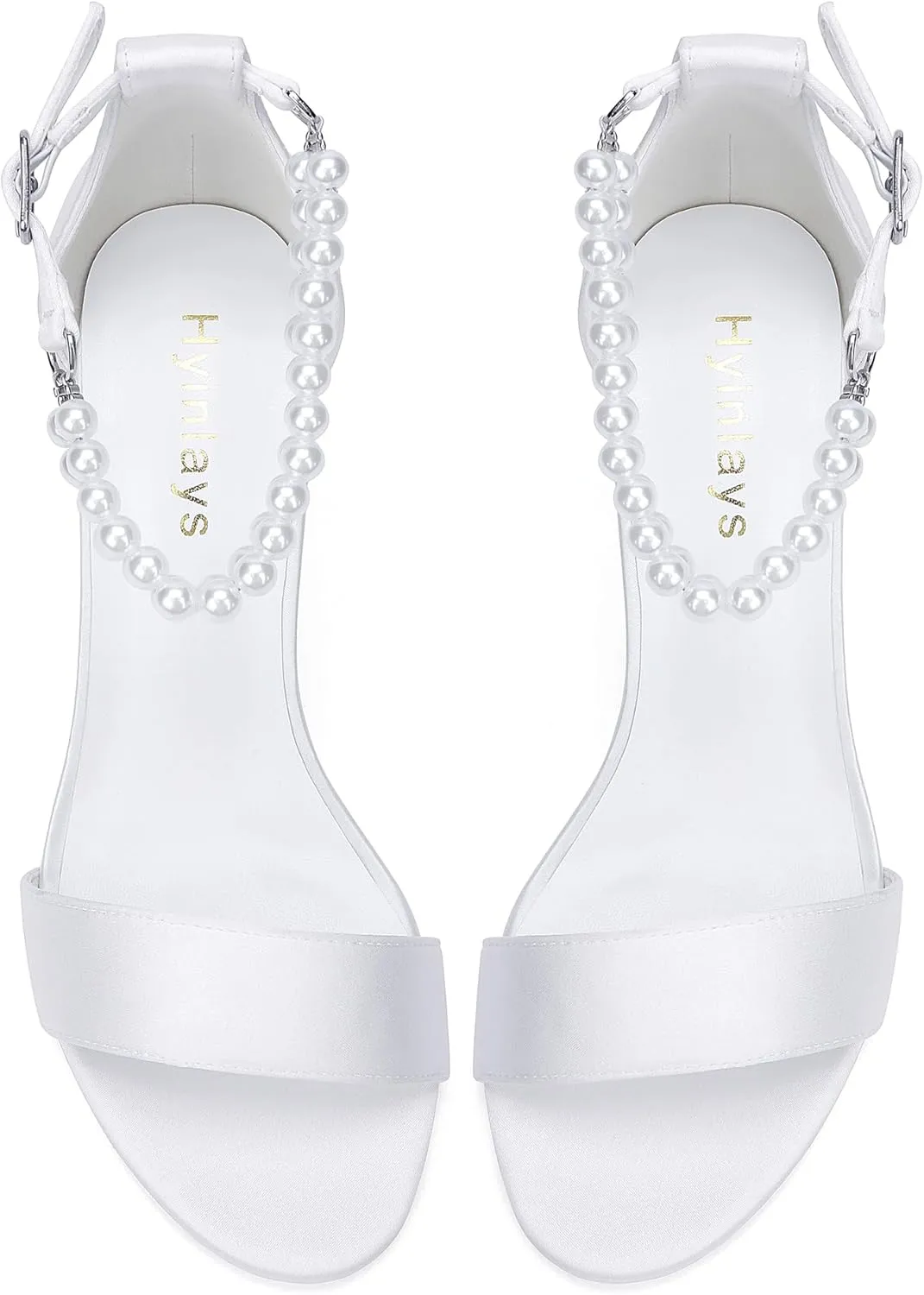 Hyinlays Pearl Wedding Shoes for Bride Satin Block Heels Open Toe Chunky Bridal Shoes Sandals