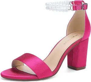 Hyinlays Pearl Wedding Shoes for Bride Satin Block Heels Open Toe Chunky Bridal Shoes Sandals