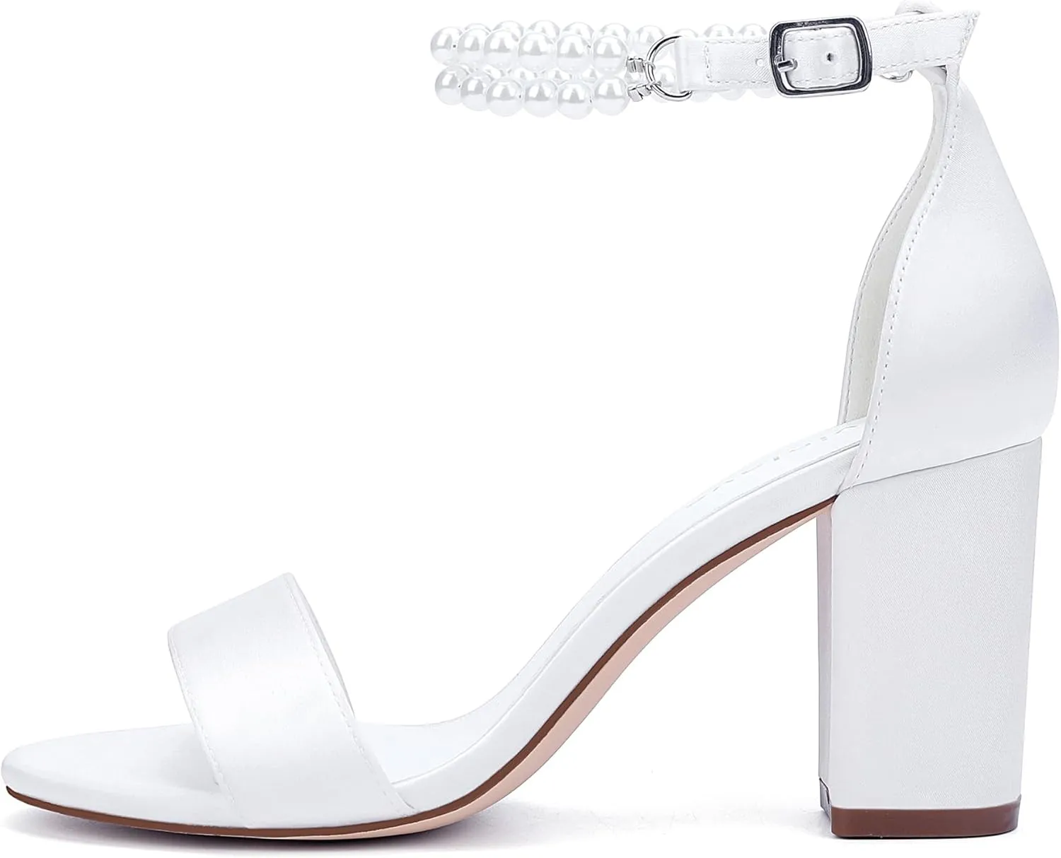 Hyinlays Pearl Wedding Shoes for Bride Satin Block Heels Open Toe Chunky Bridal Shoes Sandals