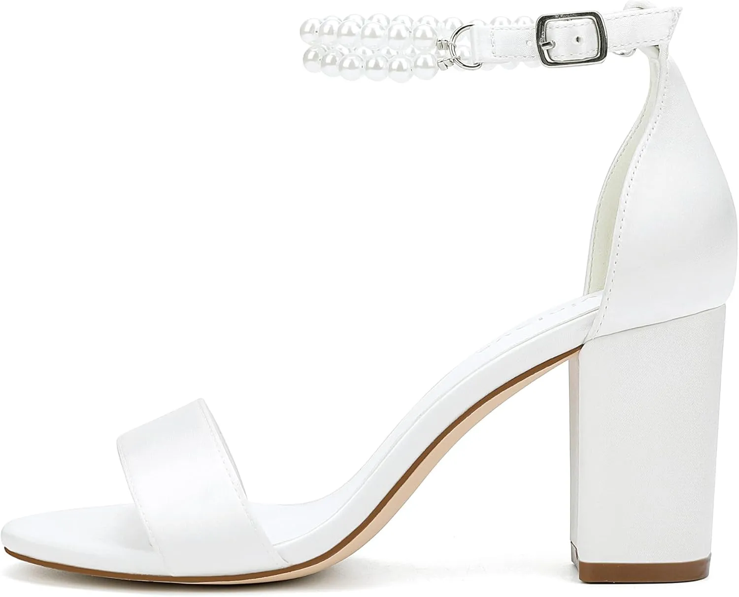 Hyinlays Pearl Wedding Shoes for Bride Satin Block Heels Open Toe Chunky Bridal Shoes Sandals