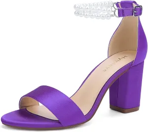 Hyinlays Pearl Wedding Shoes for Bride Satin Block Heels Open Toe Chunky Bridal Shoes Sandals