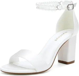 Hyinlays Pearl Wedding Shoes for Bride Satin Block Heels Open Toe Chunky Bridal Shoes Sandals