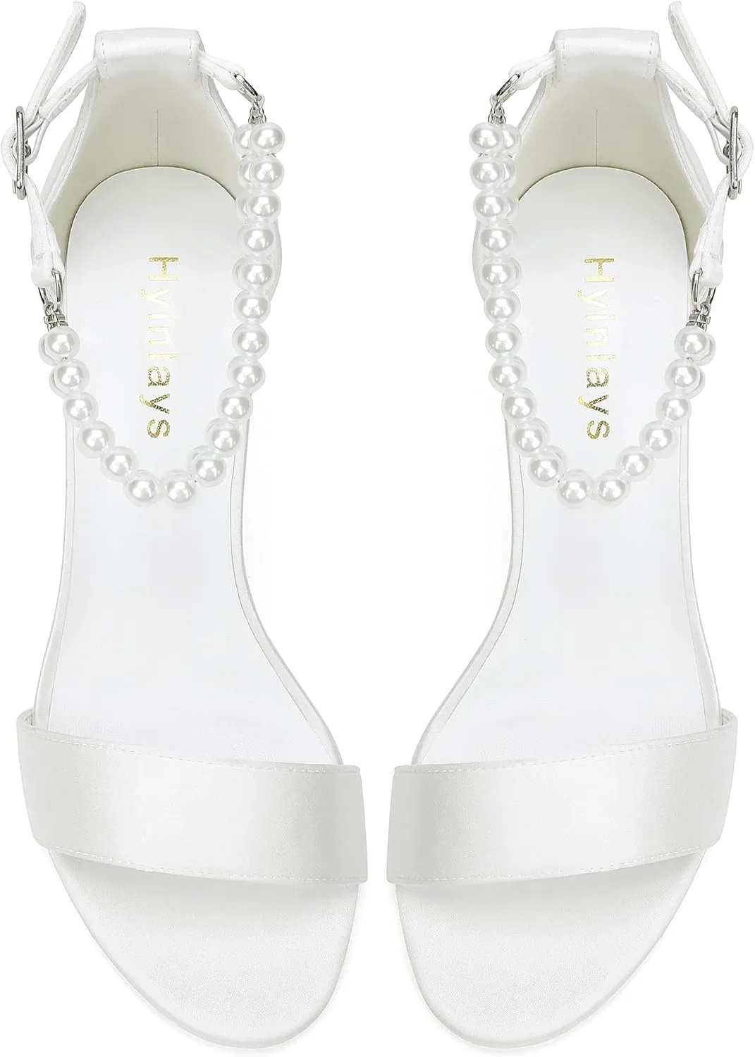 Hyinlays Pearl Wedding Shoes for Bride Satin Block Heels Open Toe Chunky Bridal Shoes Sandals