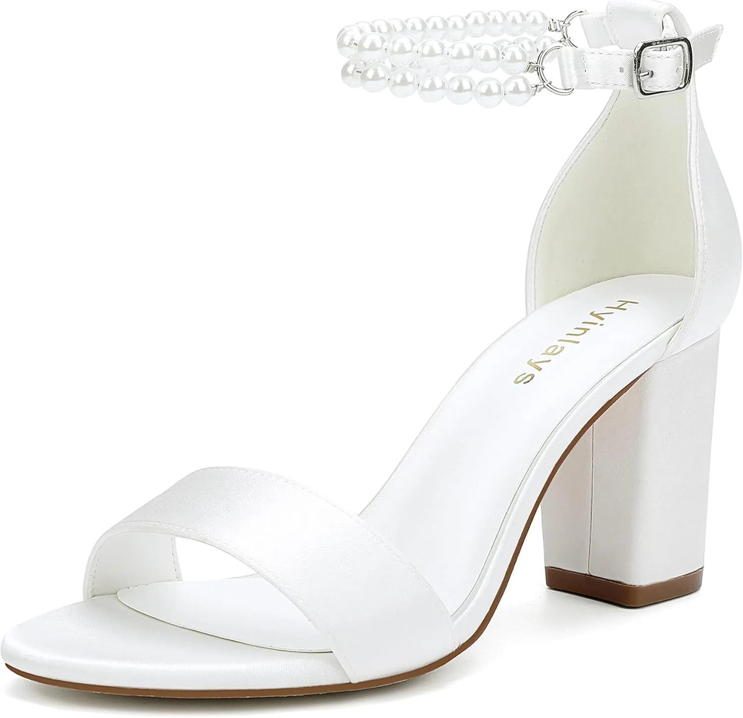 Hyinlays Pearl Wedding Shoes for Bride Satin Block Heels Open Toe Chunky Bridal Shoes Sandals
