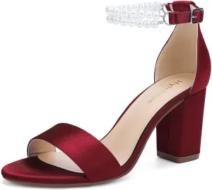 Hyinlays Pearl Wedding Shoes for Bride Satin Block Heels Open Toe Chunky Bridal Shoes Sandals